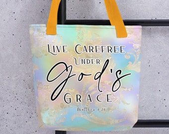 LIMITED EDITION Christian Tote Bag, Bible Verse Inspirational Motivational Gifts, Live Carefree Under God's Grace (10 Designs)