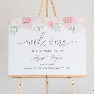 Alena - panneau de bienvenue de mariage floral, bienvenue dans notre panneau de mariage, affiche imprimable rose blush, téléchargement immédiat modifiable