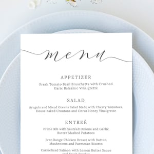 Wedding Menu Template, Elegant Script Wedding Menu Card, Simple Wedding Menu Printable, 5x7 and 4x9, Editable Instant Download - Emelia