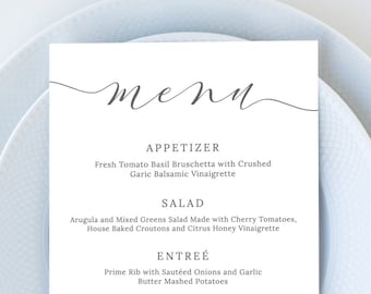 Wedding Menu Template, Elegant Script Wedding Menu Card, Simple Wedding Menu Printable, 5x7 and 4x9, Editable Instant Download - Emelia