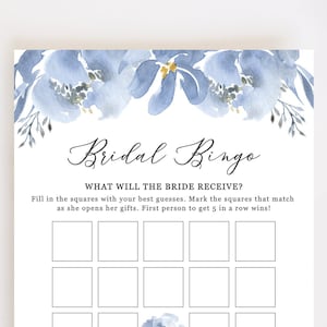 Bingo de despedida de soltera, juegos de despedida de soltera imprimibles, bingo de boda floral azul polvoriento, bingo de novia, descarga instantánea - Alya