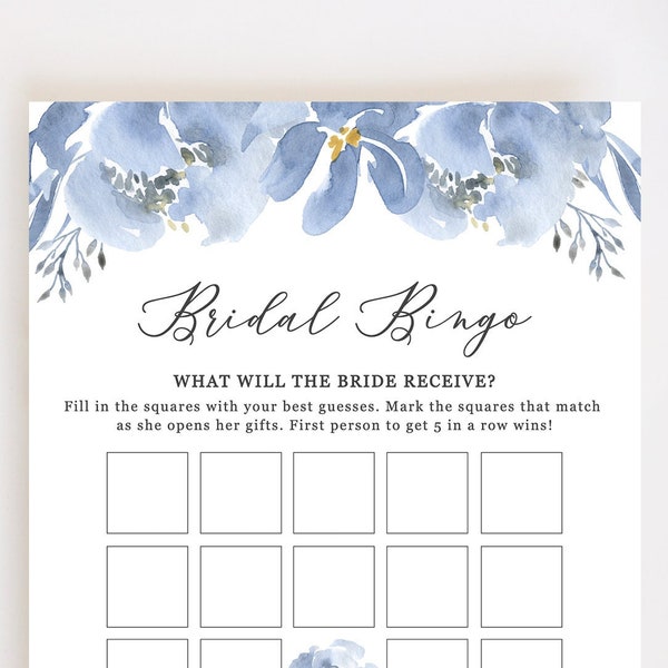 Bridal Shower Bingo, Bridal Shower Games Printable, Dusty Blue Floral Wedding Bingo, Bridal Bingo, Instant Download - Alya