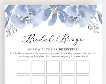 Bridal Shower Bingo, Bridal Shower Games Printable, Dusty Blue Floral Wedding Bingo, Bridal Bingo, Instant Download - Alya