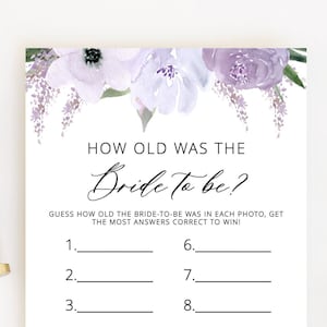 花嫁は何歳でしたか、ブライダルシャワーのゲームを印刷可能、ラベンダーで花嫁の年齢を推測、編集可能なテンプレートをすぐにダウンロード - リリアン