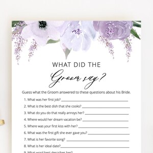 What Did the Groom Say, Purple Lavender Bridal Shower Games, Printable Wedding Games, Editable Template Instant Download - Lillian