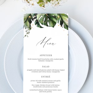 Nalani - tropische bruiloft menusjabloon, palmbladeren bruiloft menukaart, bruiloft menu afdrukbaar, 5 x 7 en 4 x 9, bewerkbare Instant Download