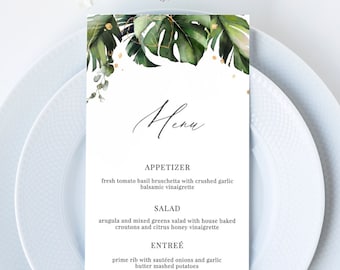 Nalani - Tropical Wedding Menu Template, Palm Leaves Wedding Menu Card, Wedding Menu Printable, 5x7 and 4x9, Editable Instant Download