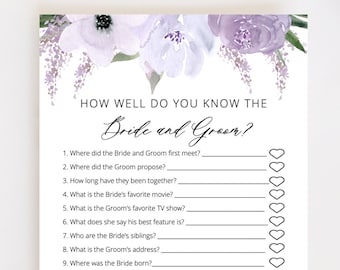 How Well Do You Know the Bride and Groom, Bridal Shower Games Printable, Lavender Wedding Game, Editable Template Instant Download - Lillian