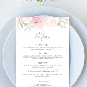 Alena - Plantilla de menú de boda, tarjeta de menú de boda floral rosa rubor, menú de boda boho imprimible, 5x7 y 4x9, descarga instantánea editable