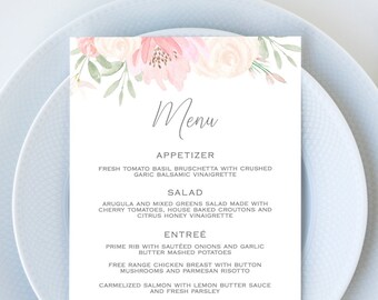 Alena - Wedding Menu Template, Blush Pink Floral Wedding Menu Card, Boho Wedding Menu Printable, 5x7 and 4x9, Editable Instant Download