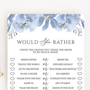 Would She Rather, Bridal Shower Games Printable, Dusty Blue Floral, Wedding Shower Games Editable Template Instant Download - Alya