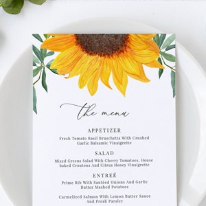 Maybelle - modèle de Menu de mariage tournesol, carte de menu de mariage rustique, menu de mariage bohème imprimable, 5 x 7 et 4 x 9, téléchargement immédiat modifiable