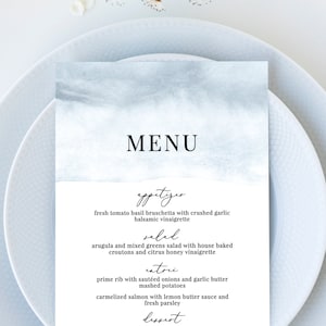 Cece - Watercolor Wedding Menu Template, Soft Dusty Blue Wedding Menu Card, Wedding Menu Printable, 5x7 and 4x9, Editable Instant Download