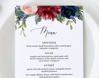 Mara - Wedding Menu Template, Burgundy & Navy Floral Wedding Menu Card, Boho Wedding Menu Printable, 5x7 and 4x9, Editable Instant Download