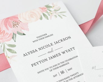 Alena - Wedding Invitation Template Download, Pink Blush Floral Wedding Invitation Set, Wedding Suite, 100% Editable, Instant Download