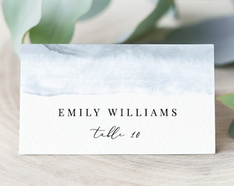 Cece - Watercolor Wedding Place Card Template, Modern Dusty Blue Wedding Name Card, Printable Escort Card, Editable Instant Download