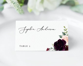 Bethany - Burgundy Floral Wedding Place Card Template, Wedding Name Card, Printable Escort Card, 100% Editable, Instant Download