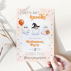 May include: A rectangular Halloween party invitation card featuring three white ghosts, one wearing a black witch hat, and an orange spiderweb balloon. The text reads: LET'S GET SPOOKY, PLEASE JOIN US FOR A Halloween Party, OCT 31, 5:30 PM, 325 HENDERSON ST, NAPERVILLE, IL, RSVP TO EMILY AT 123.456.7890, Dress in your spooky best!