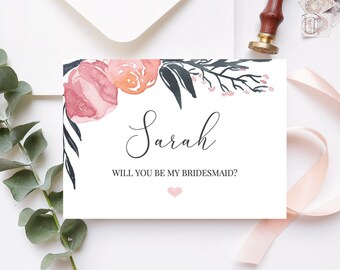Dalia - Will You Be My Bridesmaid Card, Bridesmaid Proposal Card, Floral Pink & Navy, Maid of Honor Proposal, 100% Editable Printable