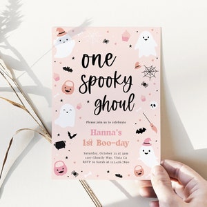 Invito alla festa di primo compleanno di uno spettrale Ghoul modificabile, simpatico fantasma rosa, spettrale invito di compleanno di Halloween, download istantaneo - Lolli