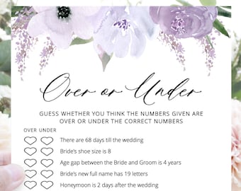 Over or Under Game, Bridal Shower Games Printable, Purple Floral Lavender, Editable Template Instant Download - Lillian