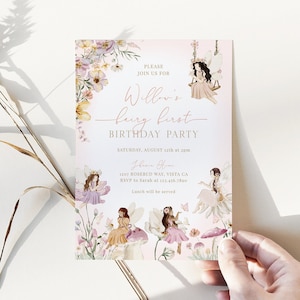 EDITIERBARE Fee zum ersten Geburtstag Einladung Vorlage, Gartenfee Geburtstag einladen, bearbeitbarer Sofortiger Download - Flora