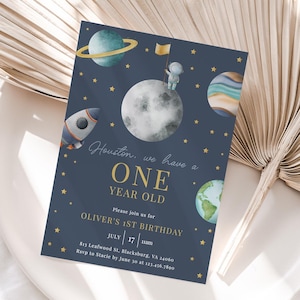 Editable Houston We Have A One Year Old, Outer Space First Birthday Invitation, Galaxy Blast Off Invite, Template Instant Download - Apollo
