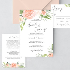 Emmi - Wedding Invitation Template Download, Elegant Peach Floral Wedding Invitation Set, Wedding Suite, 100% Editable, Instant Download