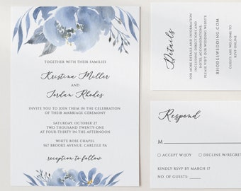 Alya - Dusty Blue Wedding Invitation Template Download, Blue Floral Wedding Invitation Set, Elegant Wedding Suite, Editable Instant Download