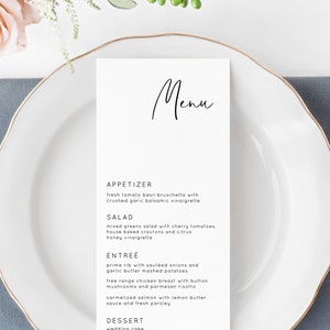 Lillie - Hochzeitsmenüvorlage, moderne minimalistische Hochzeitsmenükarte, Hochzeitsmenü bedruckbar, 5x7 und 4x9, bearbeitbarer Sofortdownload