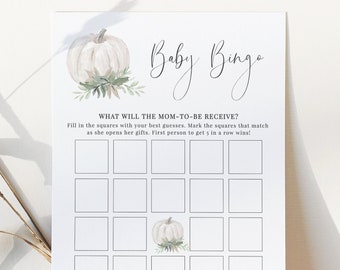 Baby Bingo Game, White Pumpkin Fall Baby Shower Games Printable, Gift Bingo, Gender Neutral, Editable Template, Instant Download - Whitley