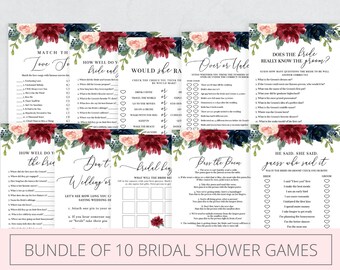 Mara - Brautparty Spiele, Bundle von 10, florales Burgund, Printable Instant Download