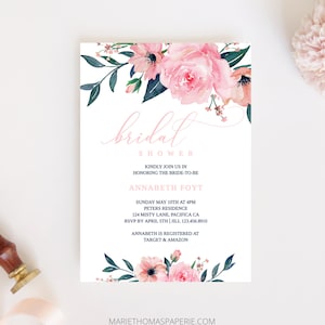 Camilla - Bridal Shower Invitation, Blush Navy Floral Boho, Pink & Blue Bridal Shower Invite, 100% Editable, Instant Download