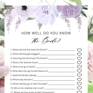 How Well Do You Know the Bride, Bridal Shower Games Printable Virtual, Lavender Purple Floral, Editable Template Instant Download - Lillian