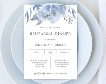 Rehearsal Dinner Invitation Template, Elegant Floral Rehearsal Dinner Invite, Soft Dusty Blue & Gray, Editable Instant Download - Alya