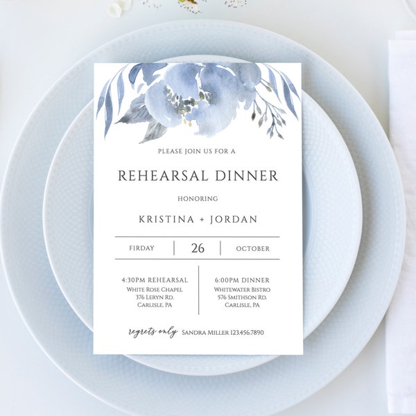 Rehearsal Dinner Invitation Template, Elegant Floral Rehearsal Dinner Invite, Soft Dusty Blue & Gray, Editable Instant Download - Alya