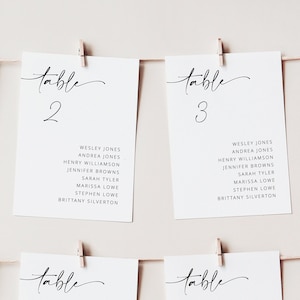 Moderne bruiloft zitplaatsen grafieksjabloon, minimalistische zitplaatsen grafiekkaarten, moderne script tafel zitplaatsen plan, bewerkbare instant download - Myla