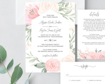 Alena - Wedding Invitation Template Download, Blush Pink Floral Wedding Invitation Set, Wedding Suite, 100% Editable, Instant Download