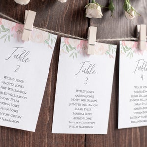 Alena - script bruiloft zitplaatsen grafieksjabloon, bruiloft tabelnummers, plattegrond, bewerkbare direct downloaden, rustieke blush roze bloemen