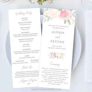 May include: Two wedding programs with floral accents. The program on the right welcomes guests to Alyssa and Peyton's wedding on June 18, 2020, in Carlisle, Pennsylvania. The left program lists the wedding party. The programs are on a white plate.