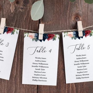 Mara - modèle de tableau des sièges de mariage script, numéros de table de mariage, plan de la salle, téléchargement immédiat modifiable, floral bleu marine et bordeaux