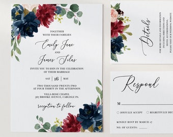 Mara - Blumenhochzeitseinladung Vorlage Download, Burgund Marine, Hochzeitseinladungsset, Herbsthochzeitsreihe, bearbeitbar, Sofort-Download