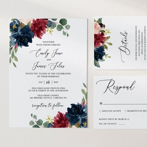 May include: Wedding invitation with a floral design in shades of burgundy, navy blue, and green. The invitation features the names "Emily Jane" and "James Silas" and the date "Sat 16 May". The invitation also includes the text "Together with their families" and "reception to follow".