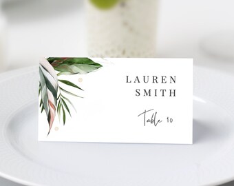 Malie - Tropical Wedding Place Card Template, Beach Palm Leaves Wedding Name Card, Printable Escort Card, 100% Editable Instant Download