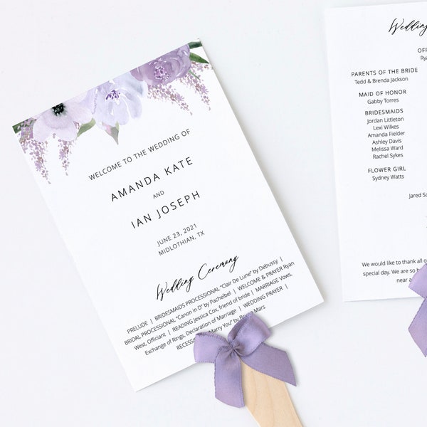 Lavender Wedding Program Fan Template, Lilac Purple Floral, Wedding Ceremony Program, 100% Editable, Instant Download - Lillian