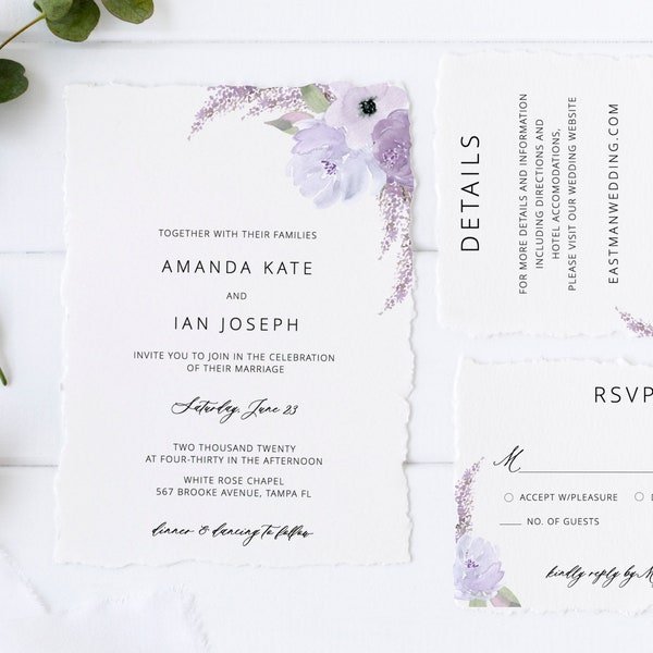 Lavender Wedding Invitation Template Download, Wedding Invitation Set, Purple Floral Wedding Suite, Editable Instant Download - Lillian