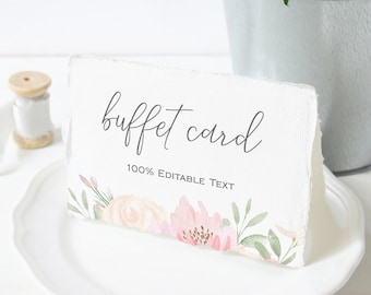 Alena - modèle de carte de buffet, étiquette de nourriture de mariage floral Blush, étiquettes de buffet de mariage, 100 % modifiable, téléchargement immédiat