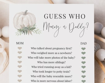 Guess Who Mommy or Daddy, White Pumpkin Fall, Baby Shower Games Printable, A Little Pumpkin, Editable Template, Instant Download - Whitley