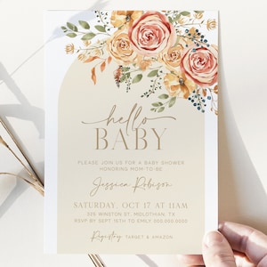 Fall Floral Baby Shower Invitation Template, Boho Arch Baby Shower Invite, Gender Neutral Hello Baby Invitation, Editable Template - Faye