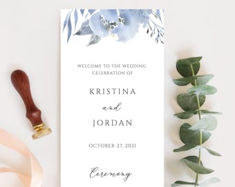 Wedding Program Template, Elegant Wedding Ceremony Program, Dusty Blue & Gray, Flat Wedding Program, 100% Editable, Instant Download - Alya